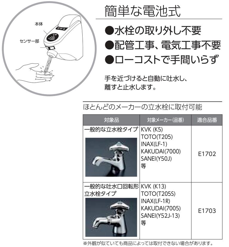 新商品!新型 KVK センサー水栓 立水栓タイプ用 E1702