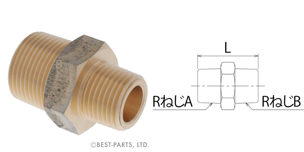 「砲金異径ニップル（商品コード：BRN-シリーズ）」の画像と簡易図面