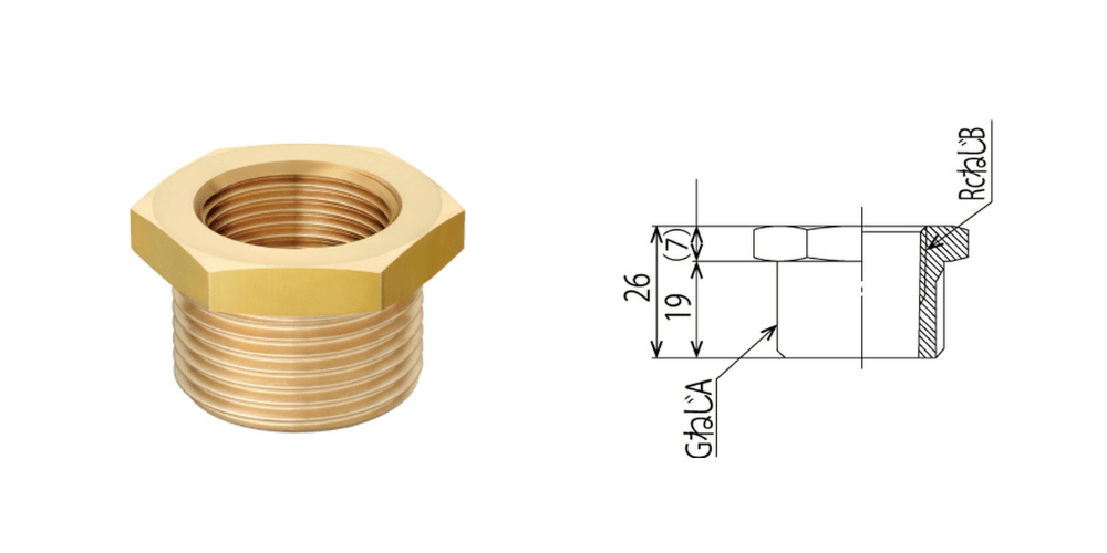 「変換ブッシング（商品コード：BBU-25G20）」の画像と簡易図面