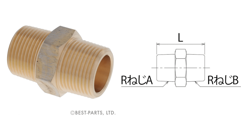 「砲金ニップル（商品コード：BRN-シリーズ）」の画像と簡易図面