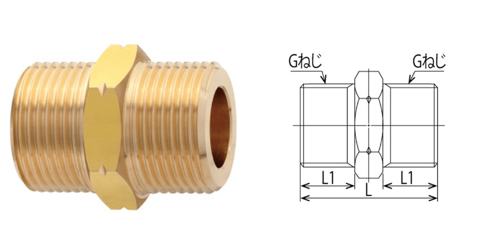 「平行ニップル（商品コード：BRN-  GGシリーズ）」の画像と簡易図面