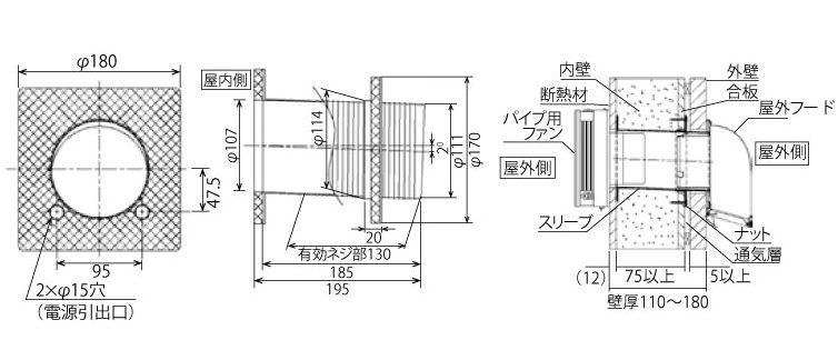 内断熱工法の戸建住宅に対応する換気スリーブ（品番：AT-100PSM）の寸法図及び