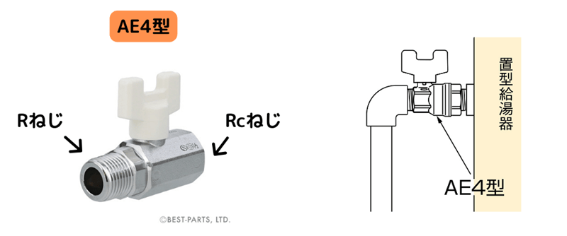 AE4型ボールバルブ（型番：AE4-13M-S・AE4-20M-S、材質：黄銅）の製品写真